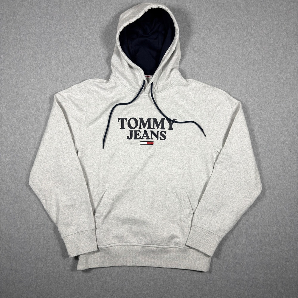 Tommy Jeans Mens Hoodie Medium Grey Heather Pullover Logo Sweatshirt Flag Logo